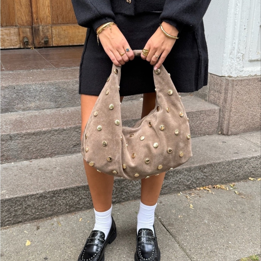 Elegant Studded Tan Hobo Bag Inspired Bottega Veneta- Leather Made in Italy